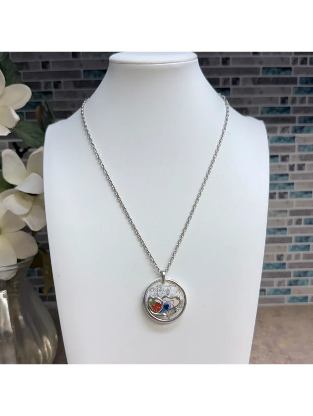 Brighton Blossom Hill Butterfly Shell Pendant Necklace Silver Multi Enamel